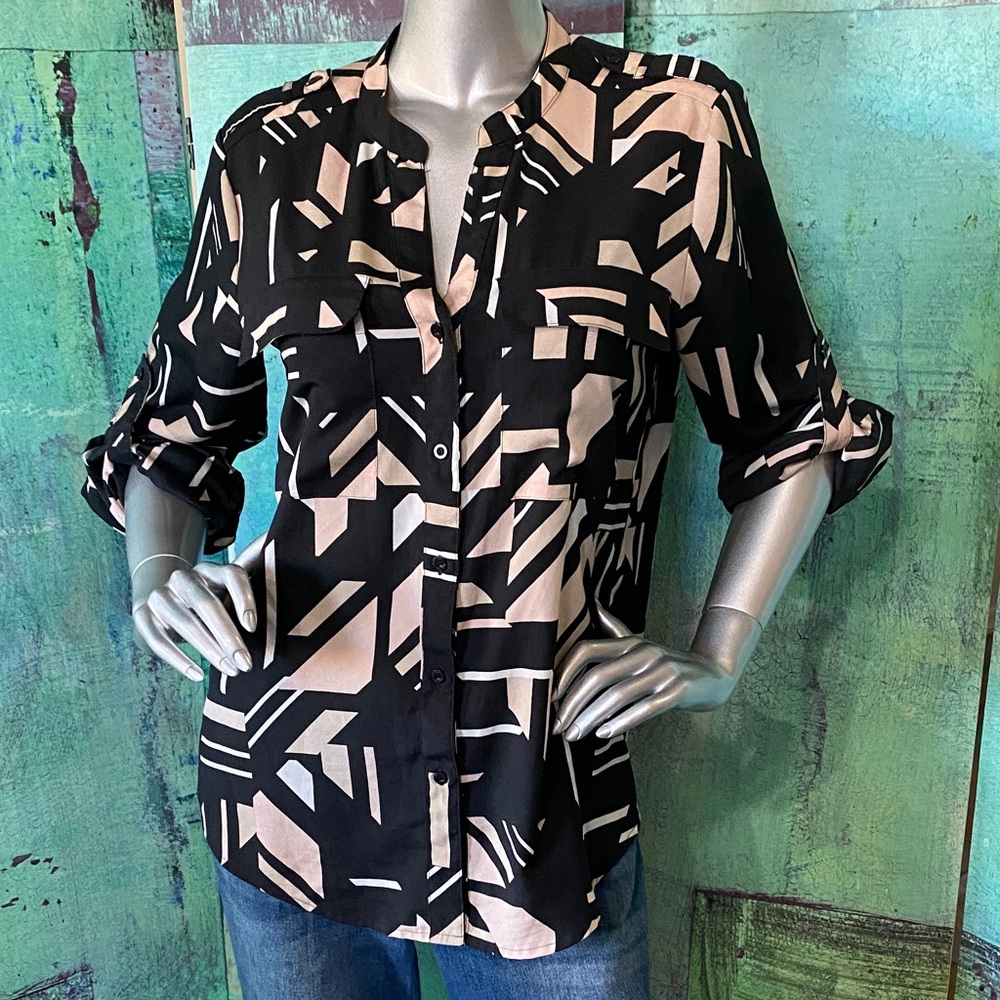 Calvin Klein Black and Cream Geometric Button Down Shirt